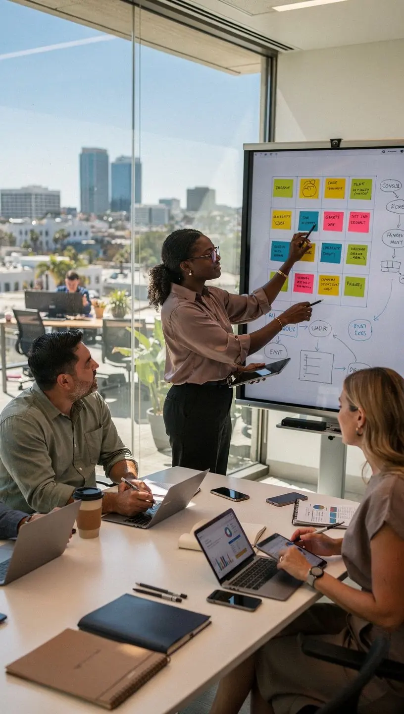Professional writing notes beside a tablet displaying time management software interface.