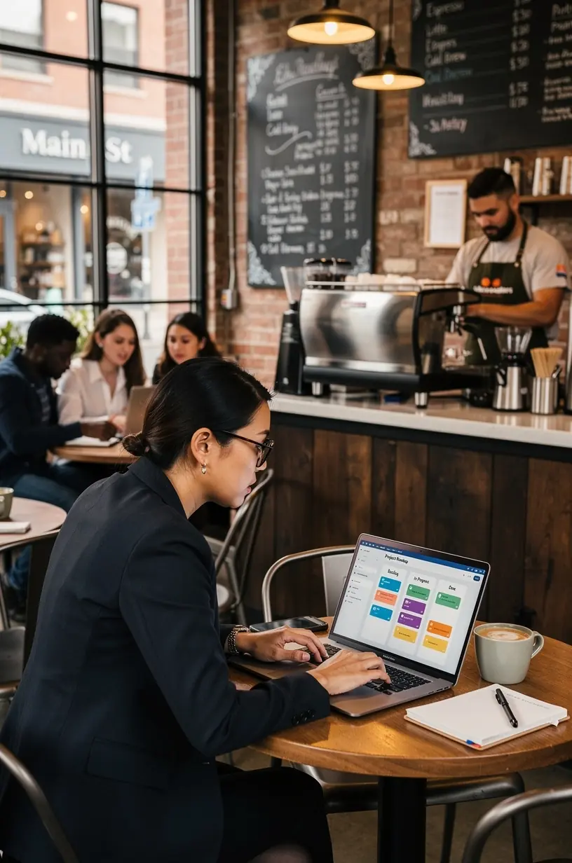 User interacting with a cloud-based collaboration platform on a desktop computer at an office.