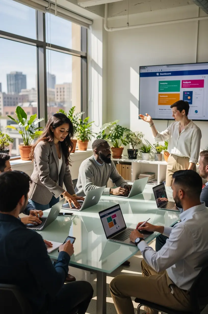 Close-up of a laptop screen displaying a productivity app dashboard with graphs and task lists.